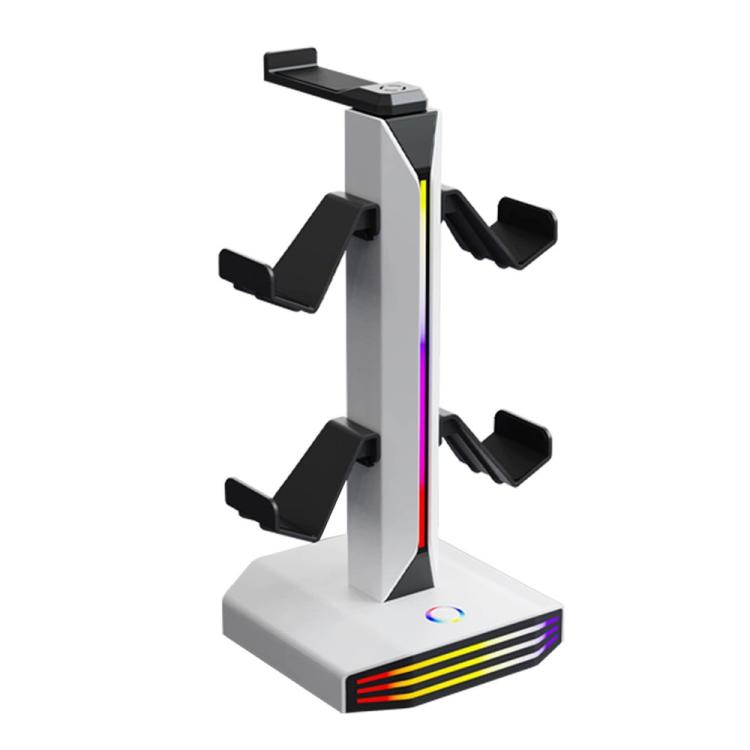 White controller and headphone stand with multicolor RGB base lights