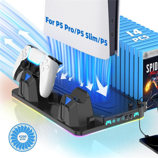Black PS5 Pro and Slim dual controller cooling and charging stand with docks