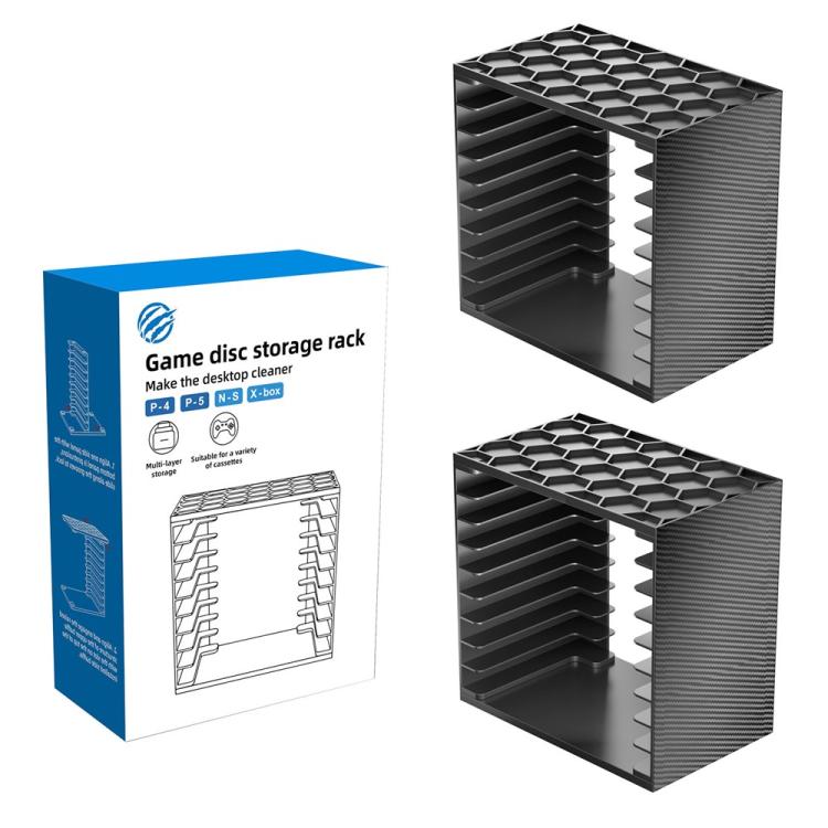 Game disc storage rack, black modular tower with open slots for cartridges or discs