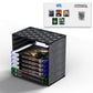 Black game disc storage tower with top grid and stacked open storage shelves