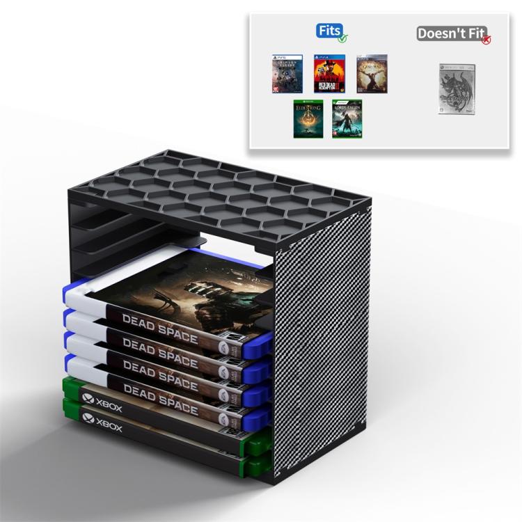 Black game disc storage tower with top grid and stacked open storage shelves