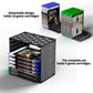 Game disc storage tower with detached base panels, black open-front modular design