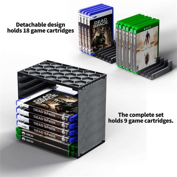 Game disc storage tower with detached base panels, black open-front modular design