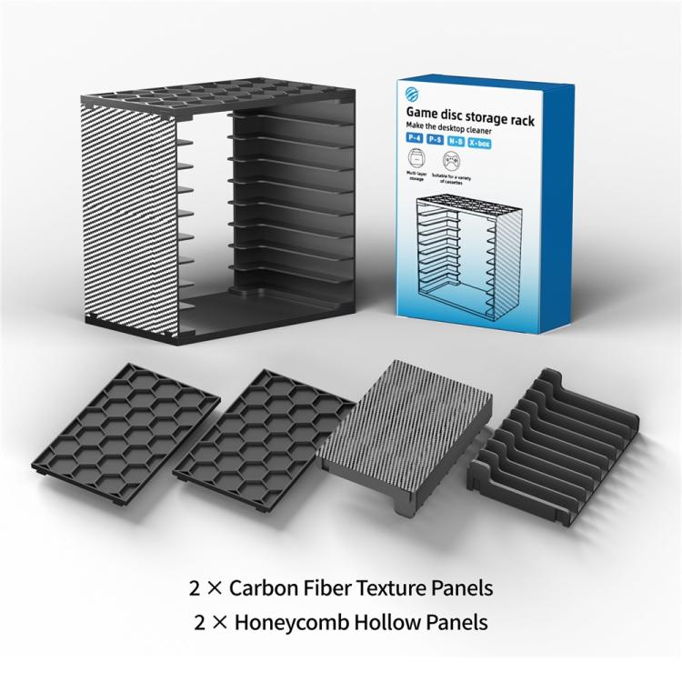 Game disc storage rack with included modular panels, black textured tower and parts