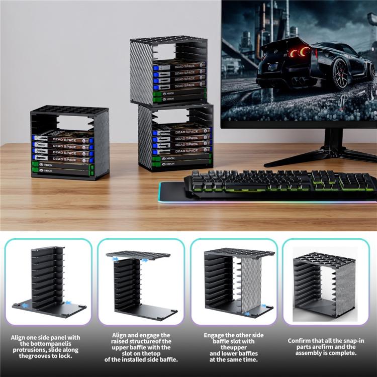 Modular game disc storage tower set with assembly steps, black stackable locking design