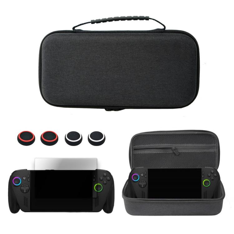 Dark gray hard shell console storage bag with zip closure and accessory compartments, open view.