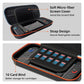 Open black game case with padded screen cover and multiple game-card slots, orange trim