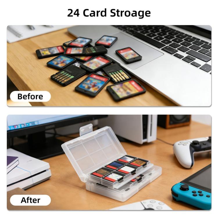 Game card storage case organizing multiple cartridges in a clear top compartment
