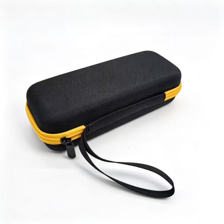 Hard clamp meter case, black with yellow trim, zip front and attached wrist strap.