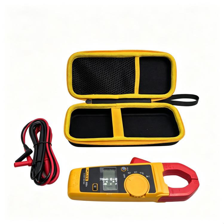 Hard clamp meter case, open with meter and cables inside, yellow edging and strap.