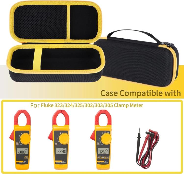 Hard clamp meter carrying case, yellow-edged black case with internal divider compartments.