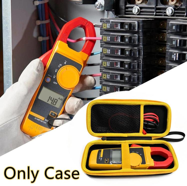 Hard clamp meter case, black with yellow trim, holding meter and red leads.