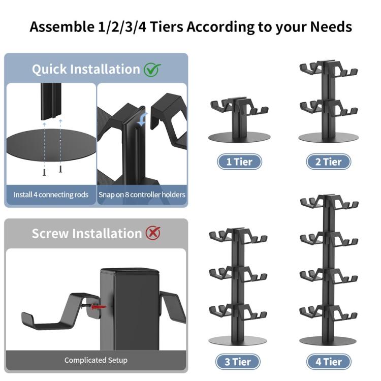 Modular 3-tier controller stand system with snap-on holder arms and tier options