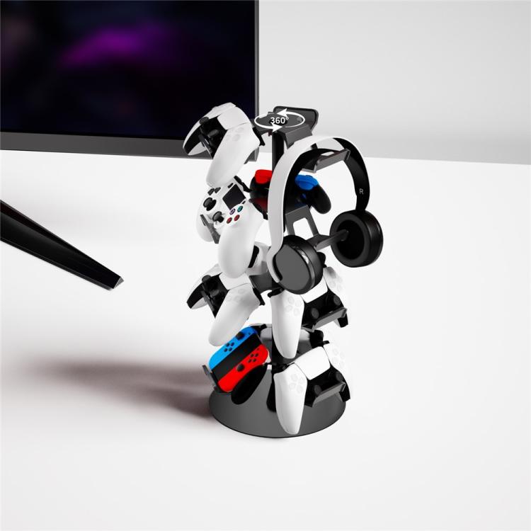 Black 4-tier game controller stand holding white controllers and a headset