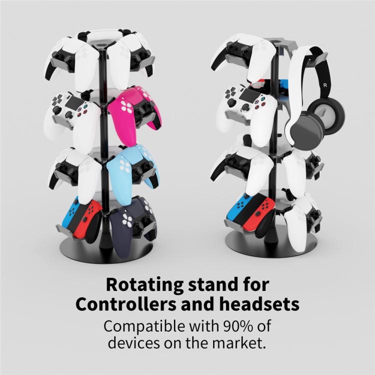 4-tier rotating controller and headphone stand with molded arm cradles