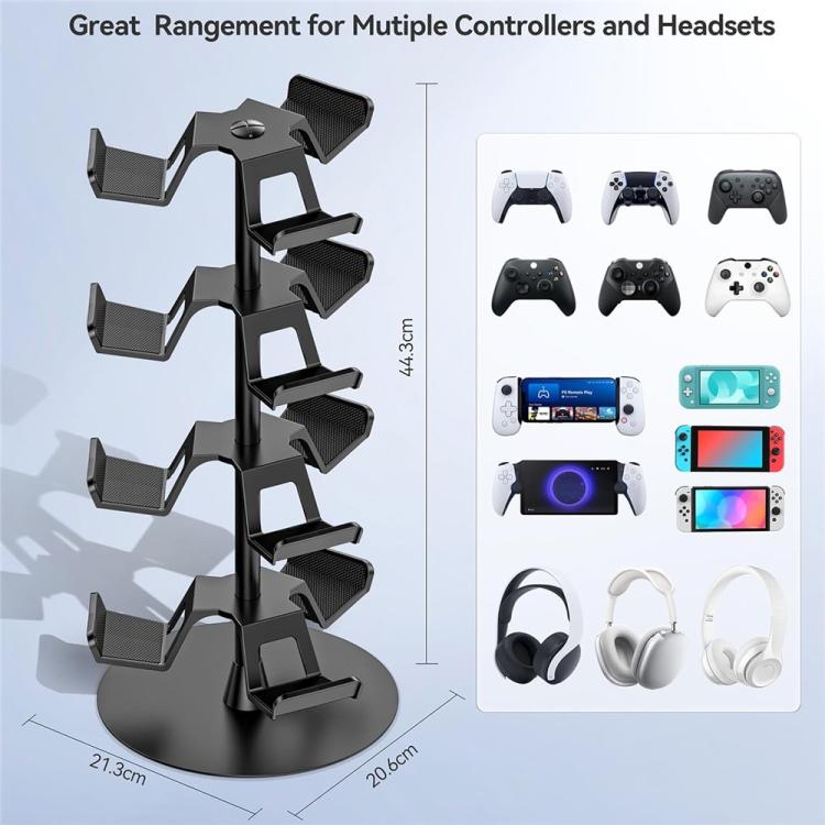 Black four-tier controller and headset stand with multiple cradle arms