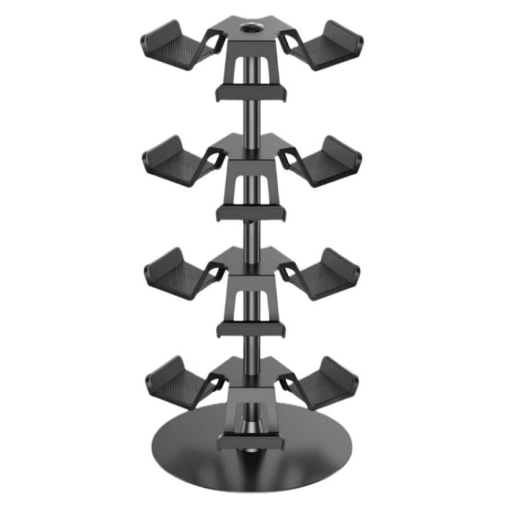 3-tier rotating game controller stand with multiple angled holder arms and round base