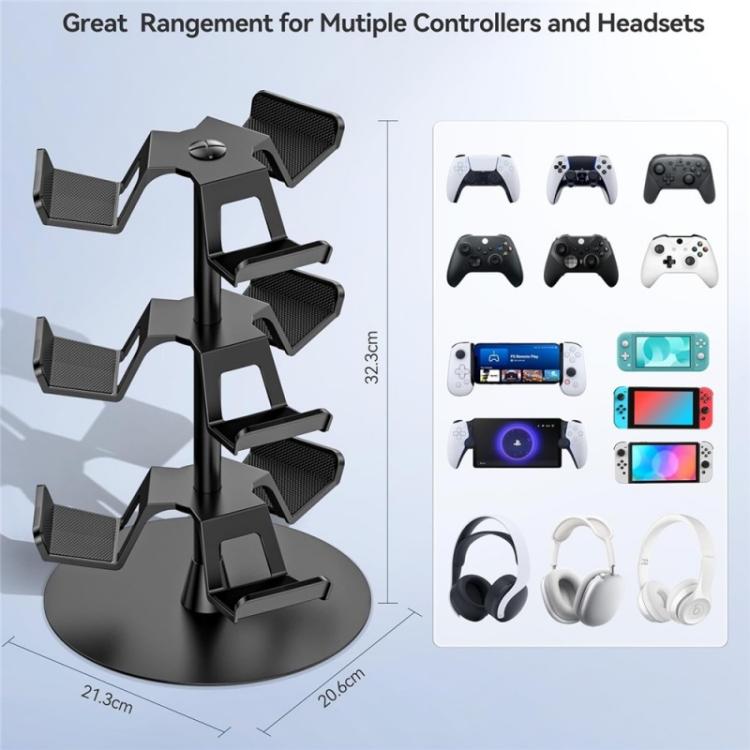 Three-tier rotating controller stand with multiple holder arms and tall center pole