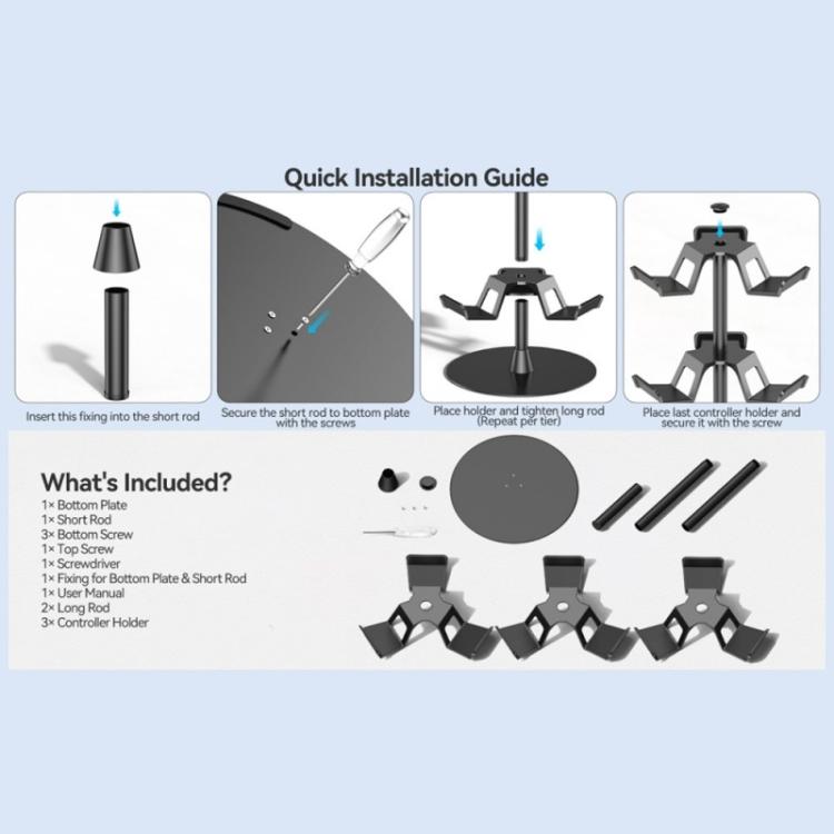 Exploded view of a three-tier rotating controller stand parts, including base and arms
