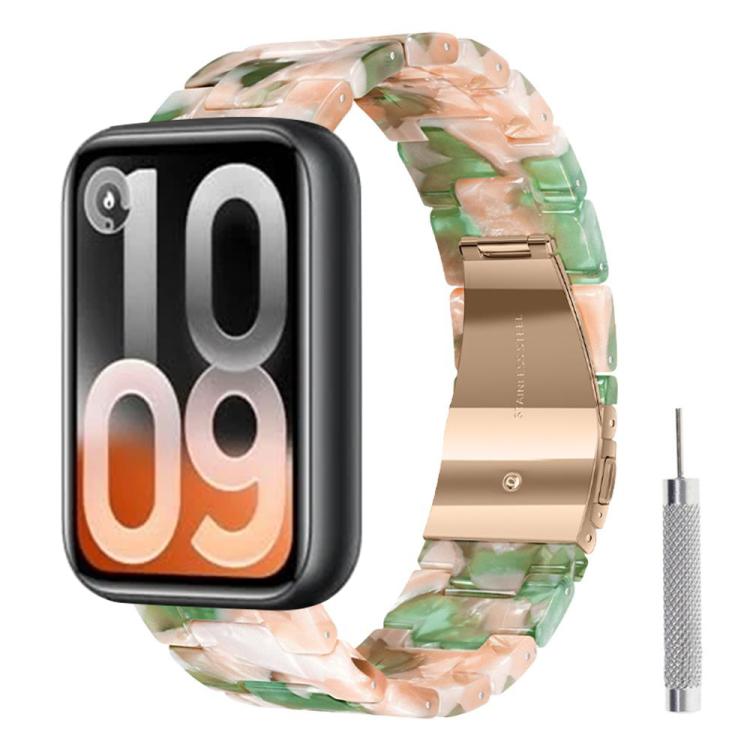Peach and green marbled resin watch band with rose gold clasp and adjustment tool