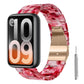 Red marbled resin watch band with rose gold clasp and adjustment tool