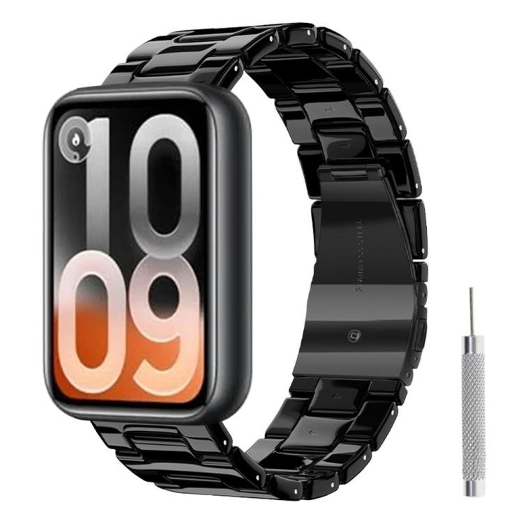 Glossy black resin watch band with black clasp and adjustment tool