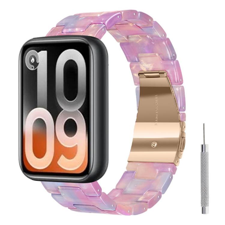 Pink and lavender resin watch band with gold-tone butterfly clasp and sizing tool