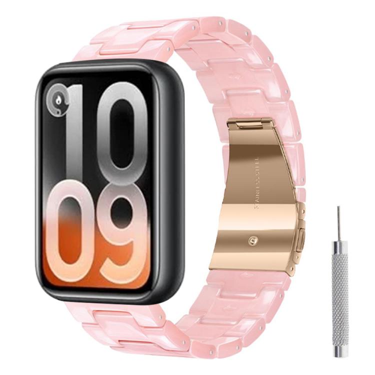 Pastel pink resin watch band with gold-tone butterfly clasp and sizing tool