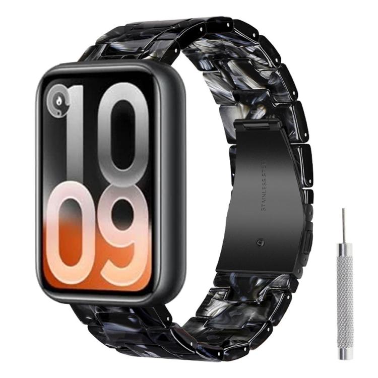 Black marbled resin watch band with black butterfly clasp and sizing tool