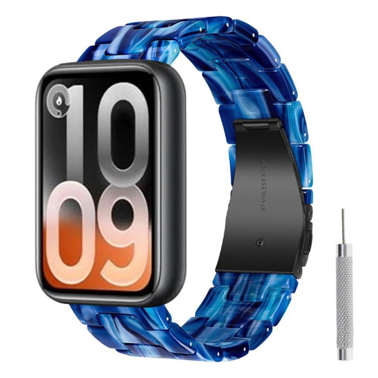 Blue marbled resin watch band with black clasp and adjustment tool