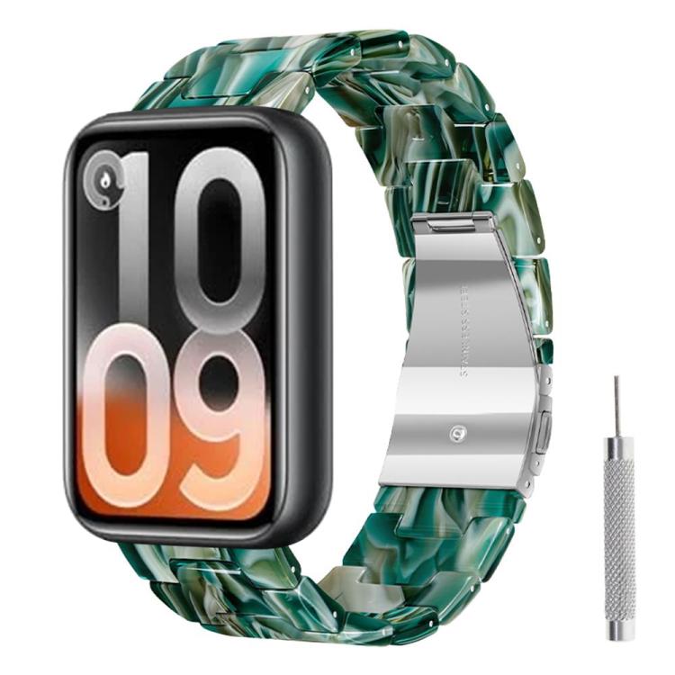 Dark green marbled resin watch band with silver-tone butterfly clasp and sizing tool