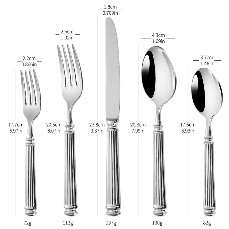 Mirror-Polished Roman Columns Stainless Steel Tableware, Dinner Knife, Dinner Fork, Dinner Spoon, Dessert Fork, Dessert Spoon