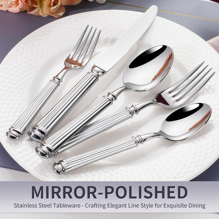 Mirror-Polished Roman Columns Stainless Steel Tableware, Dinner Knife, Dinner Fork, Dinner Spoon, Dessert Fork, Dessert Spoon