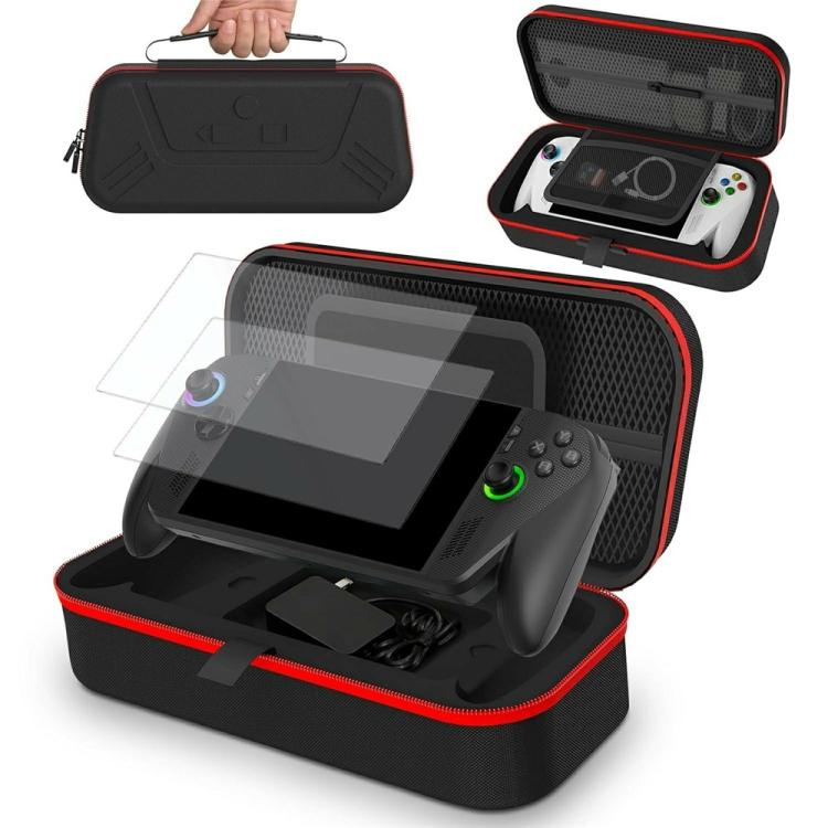 Protective black EVA case with red edge trim, open with handheld console and accessory slots.