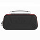 Closed black EVA protective case with red zipper trim and molded carry handle on top.