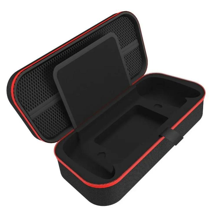 Black shockproof EVA case with red piping, open showing padded compartments for console and accessories.