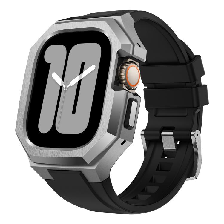 Apple Watch protective case and black rubber band with silver angular metal frame, front view