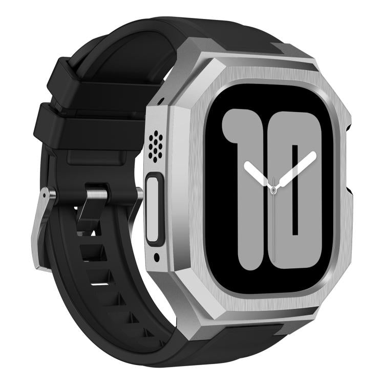 Apple Watch protective case and black rubber band with silver frame, opposite front angle