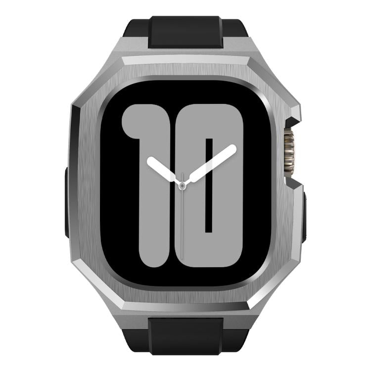 Front view of Apple Watch with silver angular protective case and black band