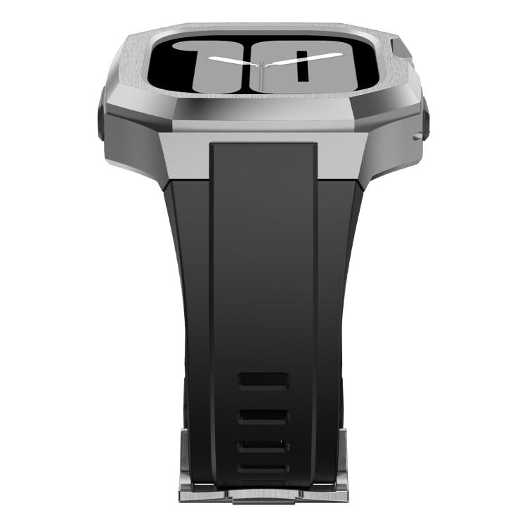 Apple Watch protective case and black rubber band shown from below