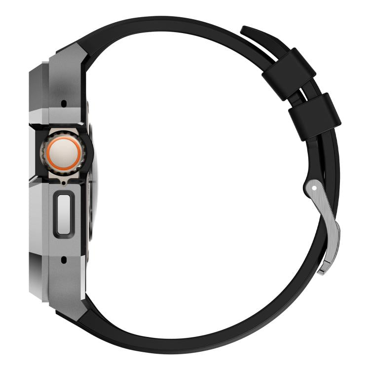 Side view of silver Apple Watch protective case with black rubber band
