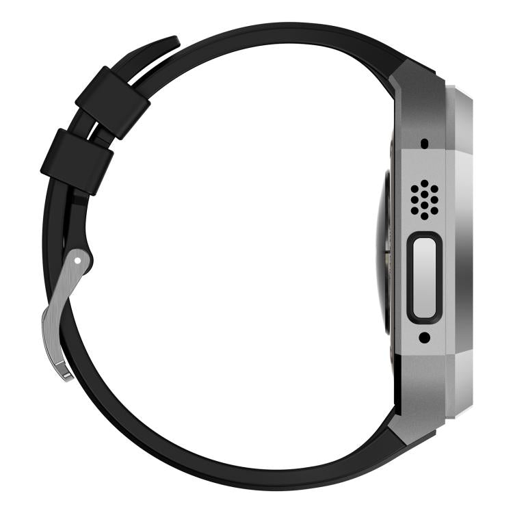 Opposite side view of silver Apple Watch protective case and black rubber band