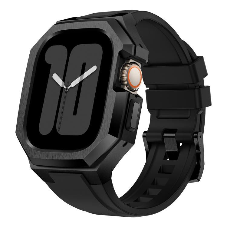 Apple Watch protective case and black rubber band with black metal frame, front angle