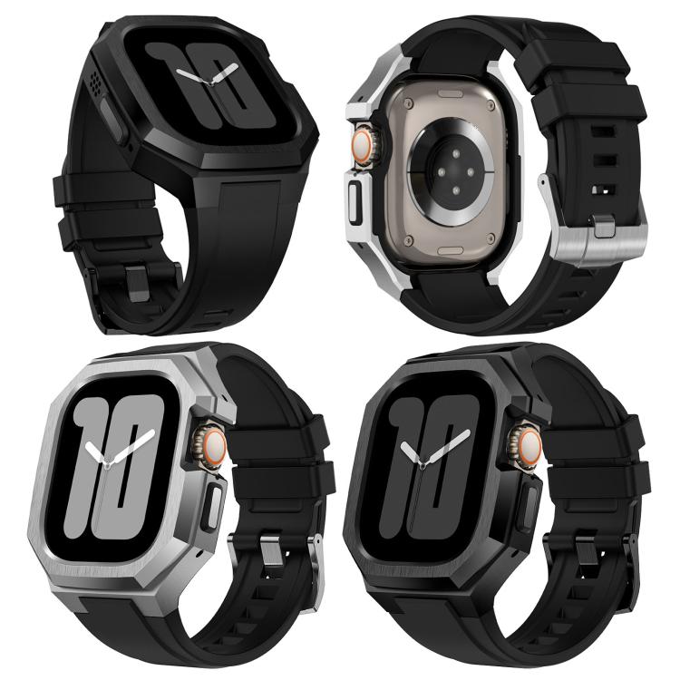 Four views of Apple Watch cases and black rubber bands in silver and black finishes