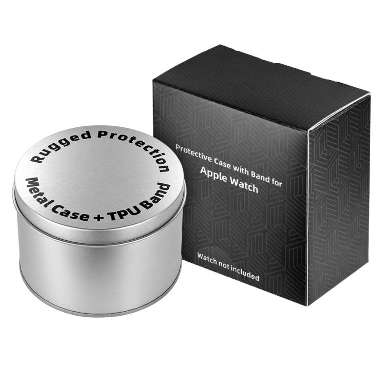 Protective watch case and rubber band packaging with metal storage tin