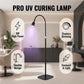 Black floor-standing UV LED curing lamp with flexible gooseneck and glowing bulb