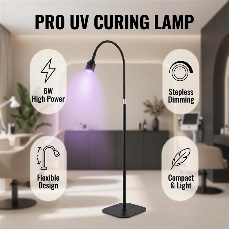 Black floor-standing UV LED curing lamp with flexible gooseneck and glowing bulb
