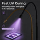 Close-up of black UV LED curing lamp head emitting purple light