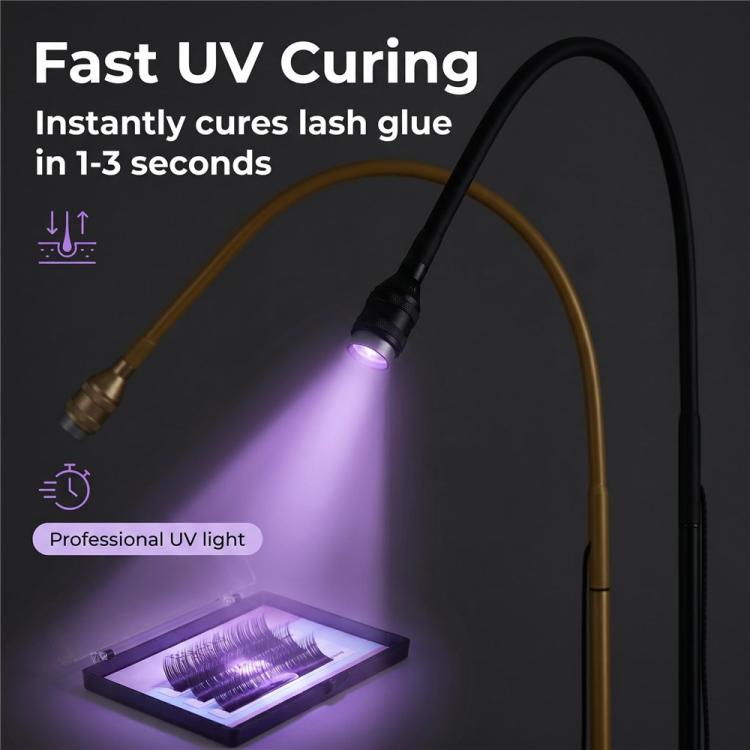 Close-up of black UV LED curing lamp head emitting purple light