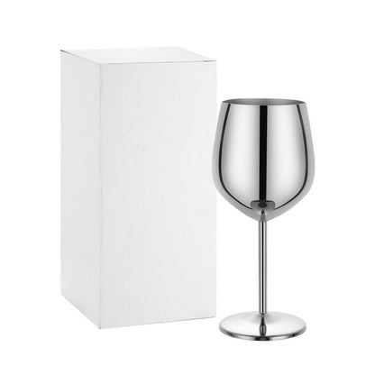 Stainless steel stemmed champagne wine glass, reflective silver finish, rounded bowl